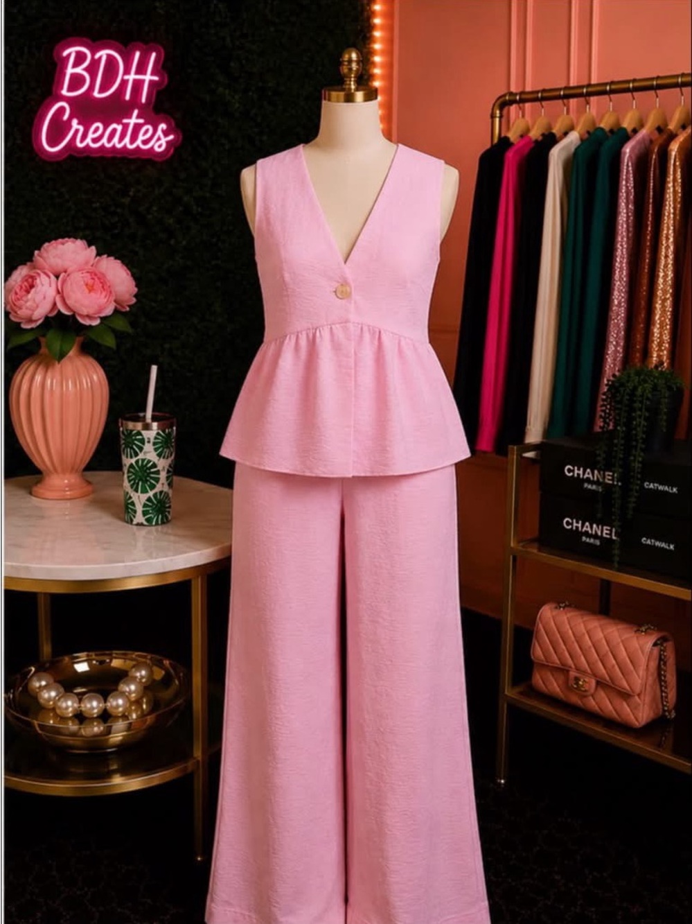 Pink Textured Wide-Leg Jumpsuit new no tags